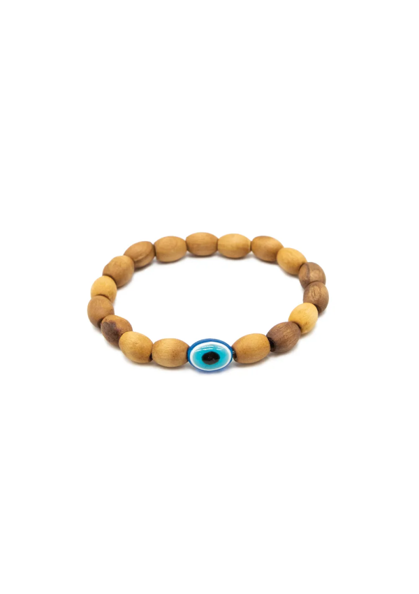 Bracelet avec des perles en bois d'olivier et un œil grec