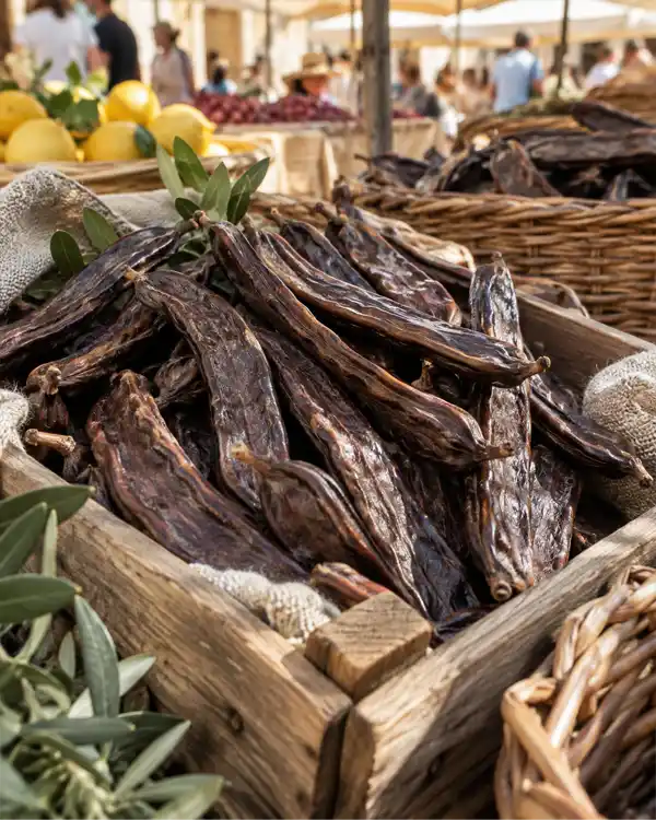 Des gousses de caroube sur l'étale d'un marché